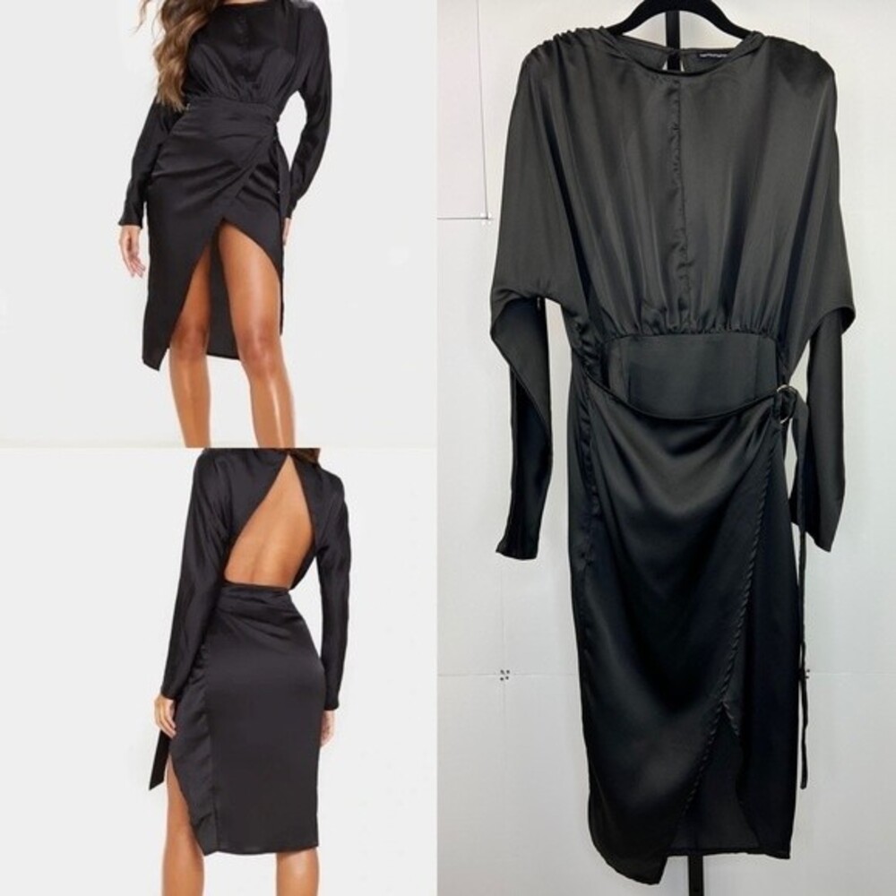 PrettyLittleThing High Slit Wrap Dress Womans 8 Black Satin Open Back Clubwear